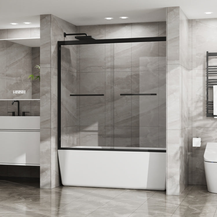 Goodyo Double Sliding Bathtub Shower Door 60 In. W X 58 In. H Aluminum Framed Shower Enclosure For Tub With Sgcc Clear Tempered Glass, Stainless Steel Hardware, Matte Black