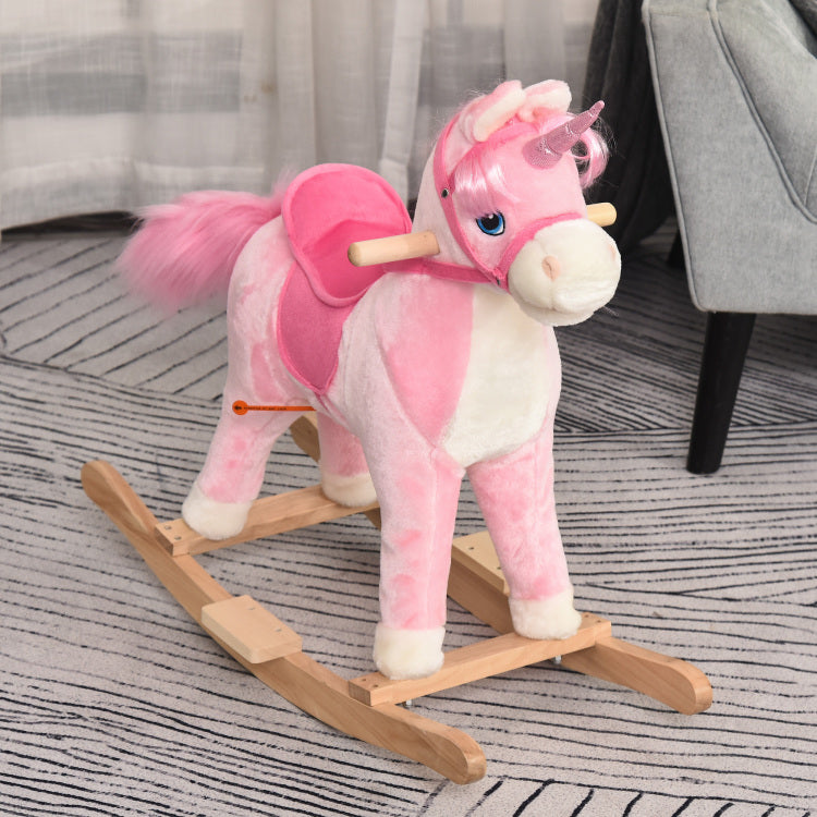 Qaba Rocking Horse, Kids Ride On Horse Unicorn Design With Wooden Base, Tail Wag & Sounds For Toddlers 3 6 Years Old, Pink