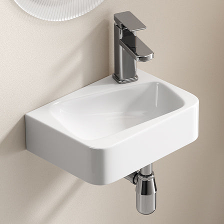 Floating Bathroom Sink Wall Mounted Rectangle Vessel Sink 14" X 10" Small Modern Bathroom Wall Hung Sink White Porcelain Ceramic Vessel Vanity Sink With Faucet &Drain