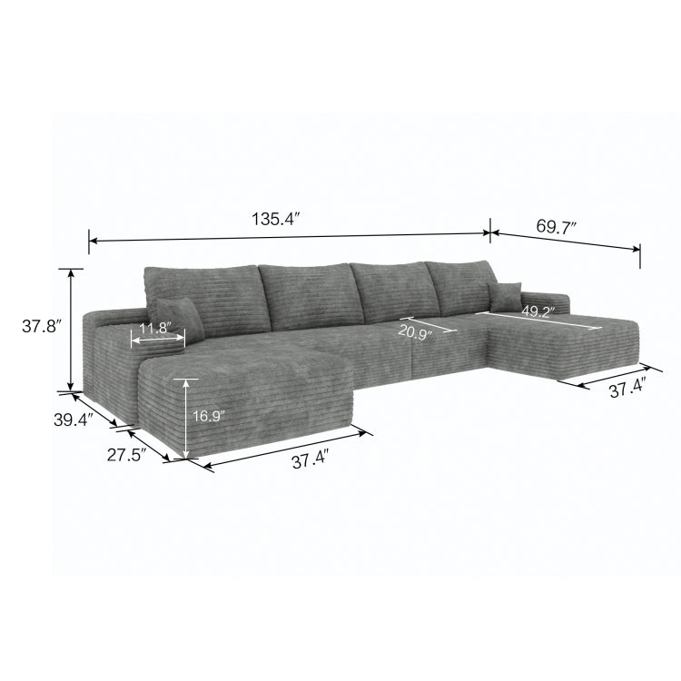 135" Cloud Sectional Sofa With 1 Ottoman,Modern Minimalist Upholstered Couches, Comfort U Shaped Sofa For Living Room,Deep Seat Corner Couch,No Assembly Required ,Grey Plush Corduroy Fabric