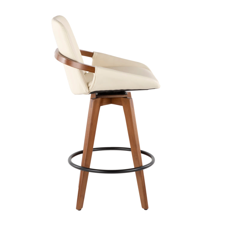 Mid Century Counter Stool In Walnut And Cream Faux Leather