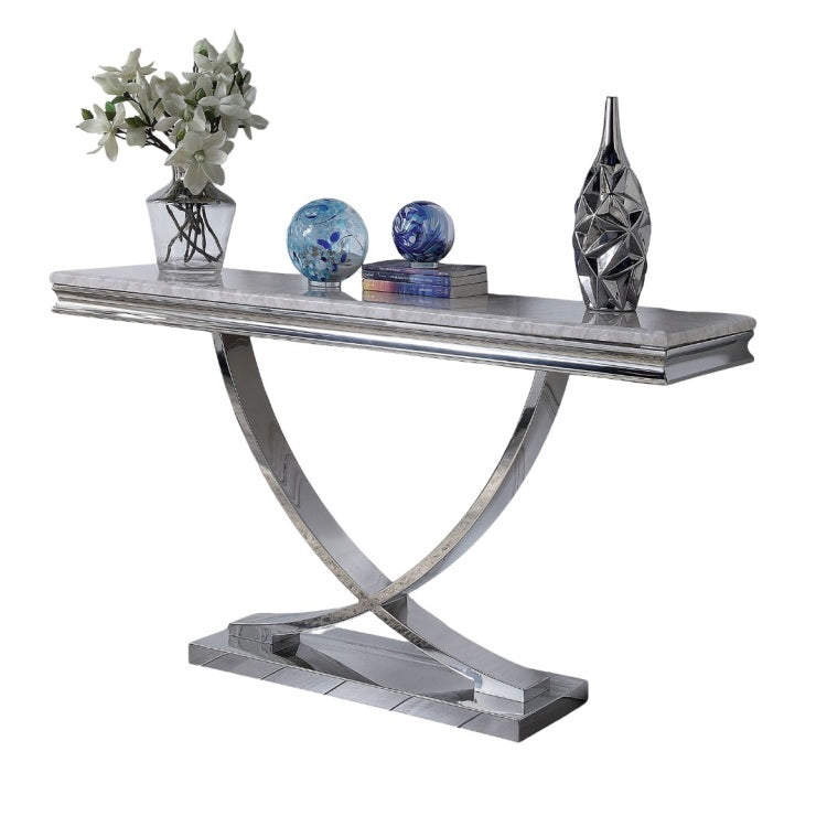 Glam Style Modern Sofa Table 1Pc Stainless Steel Pedestal Base 18Mm Faux Marble On Top Metal Structure Chroma Finish Coffee Table Not Included