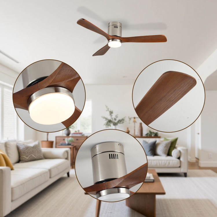 52 Inch With Light, 3 Light Walnut Solid Wood Blades,Remote Control,6 Speed Reversible Dc Motor For Bed Room,Dining Room,Living Room