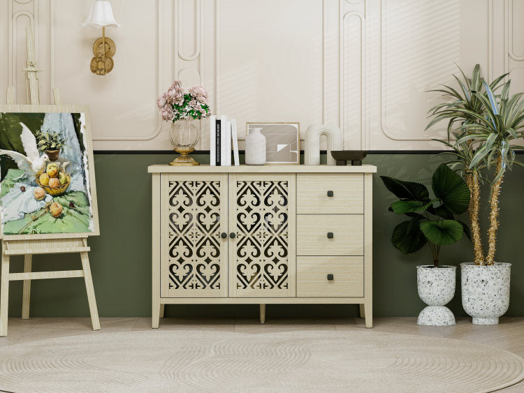 Hollowed Out Cabinet With 2 Door 3 Drawers, American Furniture, Suitable For Bedroom, Living Room, Study