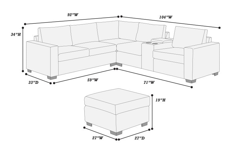 Contemporary Style L Shaped 4Pc Sectional Set Usb Cup Holder Loveseat Cushion Back Plastic Legs Cocktail Ottoman Square Arms Black Finish Primary Living Room