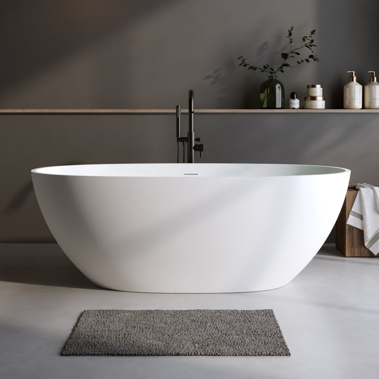 59'' Solid Surface Matte Tub, Solid Surface Soaking Tub, Stone Resin Freestanding Bathtub, Thick Edge Stand Alone Tubs With Overflow, Pop Up Drain, Matte White Oval