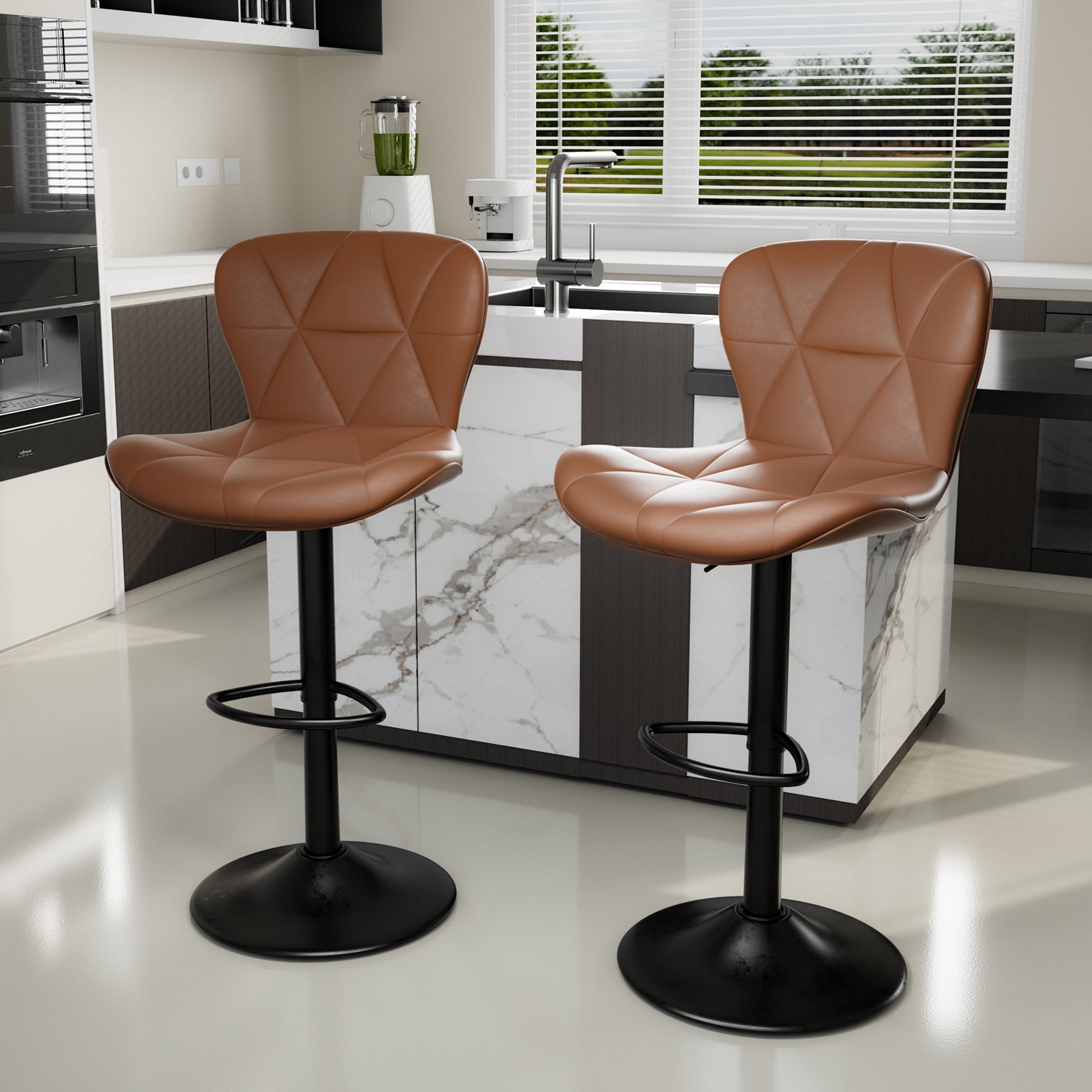 Modern Bar Stools Set Of 2, Faux Leather Upholstered Swivel Bar Stools, Adjustable Counter Height Bar Chairs With Back For Kitchen Island, Rust