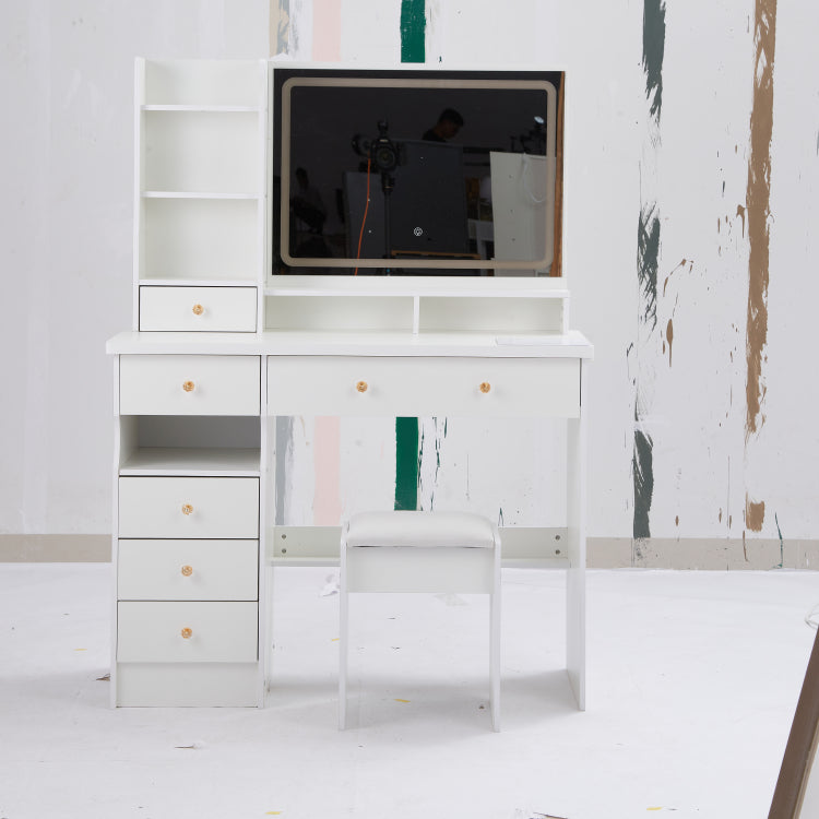 41" Large Sized Desktop Vanity Table Cushioned Stool, Oversized Desktop, Large Touch Control Led Mirror, 3 Color Switch, Multi Layer High Capacity Storage Fashion Dresser, Epa, Gcc, Ul Certificate