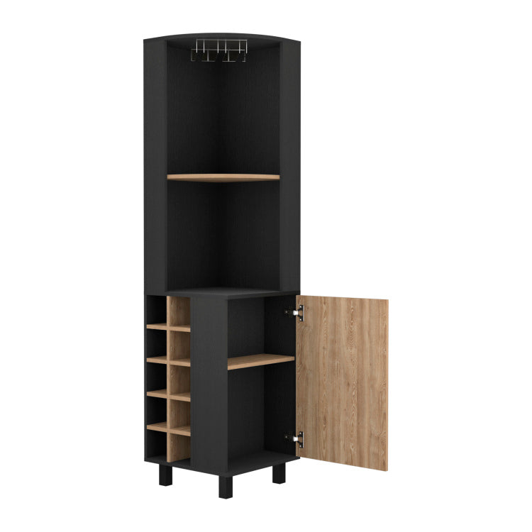Corner Bar Single Door Cabinet Two Shelves, Ten Built In Wine Rack, Two Interior Shelves, Black Pine