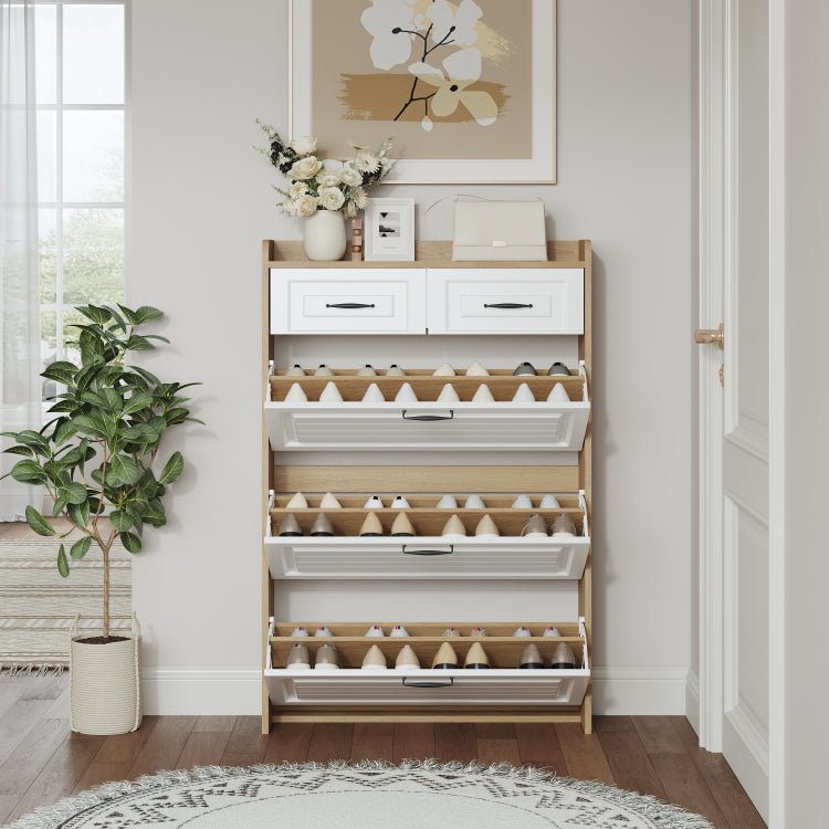 1250 White Oak Color Shoe Cabinet With 3 Doors 2 Drawers,Large Space For Storage