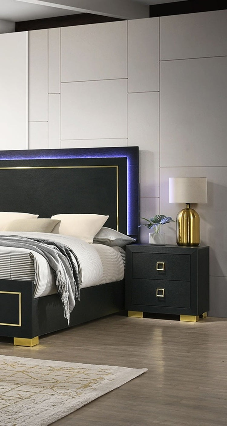 Gorgeous Black 1Pc Nightstand Square Pull Handle Metal Legs Bedside Table Bedroom Furniture