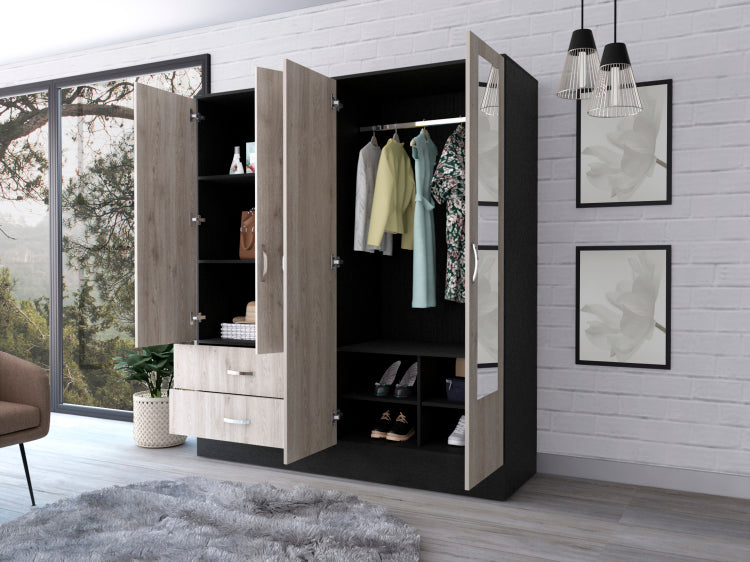 Florencia L Mirrored Armoire, Two Cabinets With Divisions,Black And Light Grey