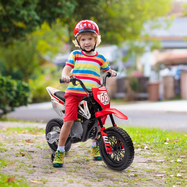 Qaba Kids Dirt Bike With Twist Grip Throttle, 12V Electric Motorcycle, Electric Bike For Toddler With Training Wheels, Rear Suspension & Music For Ages 3 6 Years, Red