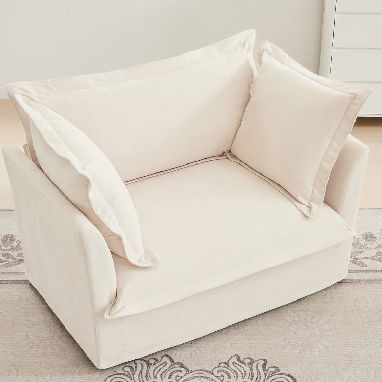 Slip Covered Armchair With 1 Big Back Cushion And 2 Big Toss Pillows, Single Deep Seat Comfy Single Couch Sofa Multiple Large Soft Pillows, Chenille Fabric, Cream