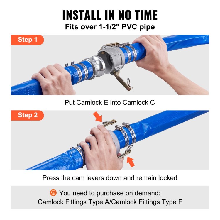 Backwash Hose, 2 In X 50 Ft, Heavy Duty Pvc Flat Pool Discharge Hose With Aluminum Camlock C & E Fittings, Clamps, Compatible With Pumps, Sand Filters, For Swimming Pools Waste Water Drain, Blue