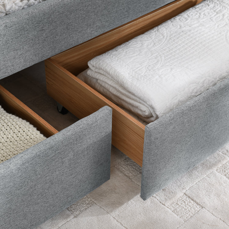 Queen Size Daybed With Two Drawers Trundle Upholstered Sofa Bed, With Vertical Stripes Linen Fabric, Grey 86.5"X65"X30"