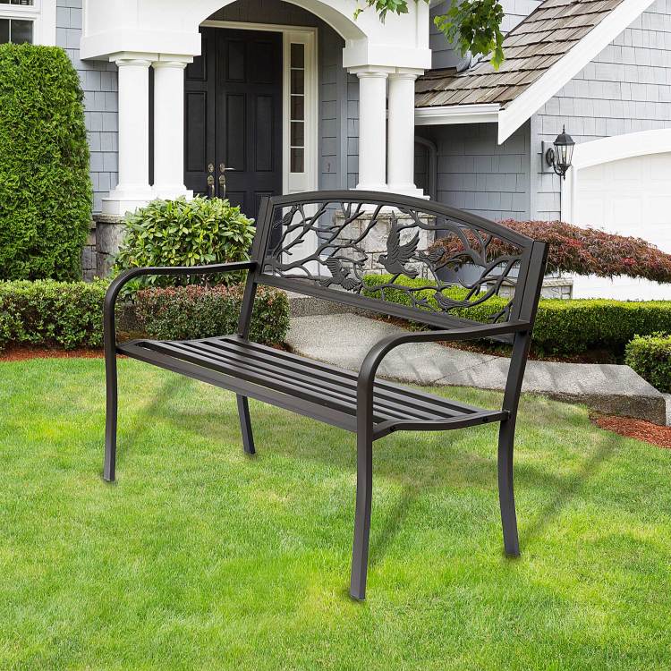 Outsunny 50" Garden Bench, Outdoor Patio Bench With Animal Pattern, Cast Steel Metal Bench For Yard, Lawn, Porch, Brown