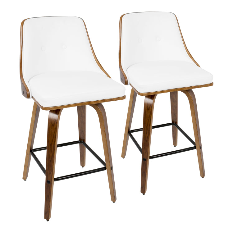 26" Mid Century Modern Counter Stool In Walnut With White Faux Leather Set Of 2