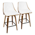 26" Mid Century Modern Counter Stool In Walnut With White Faux Leather Set Of 2