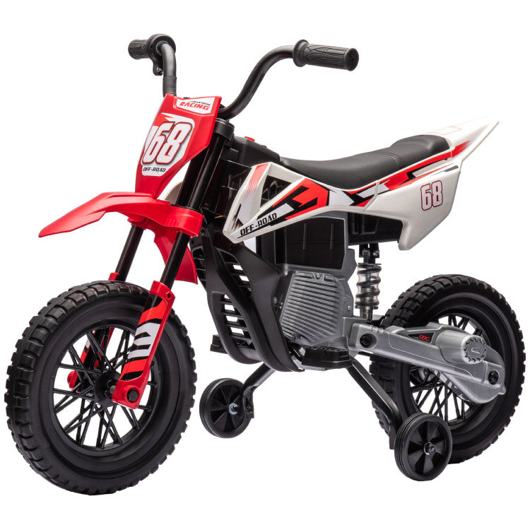 Qaba Kids Dirt Bike With Twist Grip Throttle, 12V Electric Motorcycle, Electric Bike For Toddler With Training Wheels, Rear Suspension & Music For Ages 3 6 Years, Red