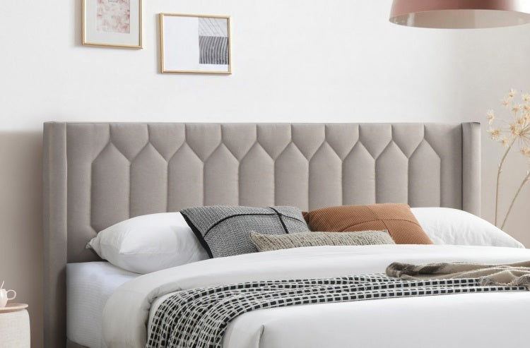 Modern Eye Catching 1Pc Queen Size Bed Light Brown Burlap Fabric Unique Diamond Design Headboard Bedframe