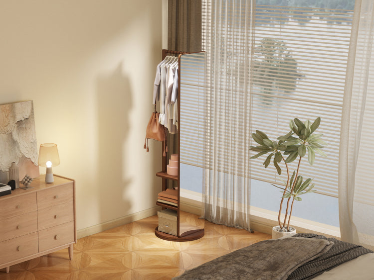 360 Rotating 69"X20" Multifunctional Full Length Mirror With Hook Storage Rack Coat Rack With Mirror Solid Wood Floor Mirror Bedroom Living Room Cloakroom Space Saving Walnut