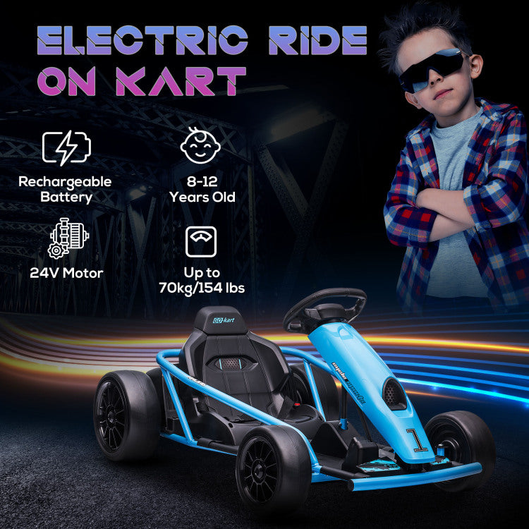 Aosom 24V 8.1 Mph Electric Go Kart, Drifting Car Battery Powered Ride On Toy Outdoor With Slow Start, Music, Horn Honking And Safety Belt, For 8 12 Years Old, Blue