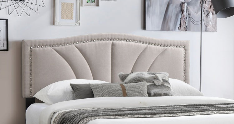 Modern Vintage 1Pc Full Size Bed Light Brown Burlap Fabric Nailhead Trim Accents Headboard Bedframe