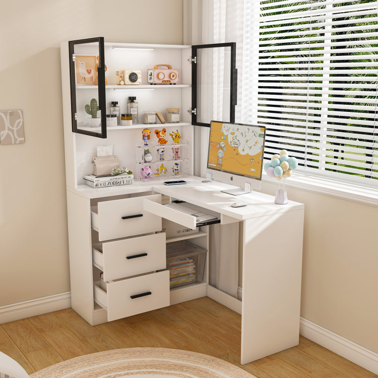 Computer Desk With Glass Cabinets & Built In Led Lights, Corner L Shaped Office Desk With Usb Charging Ports, Keyboard Tray, Ergonomic Design For Home And Corporate Workspaces White