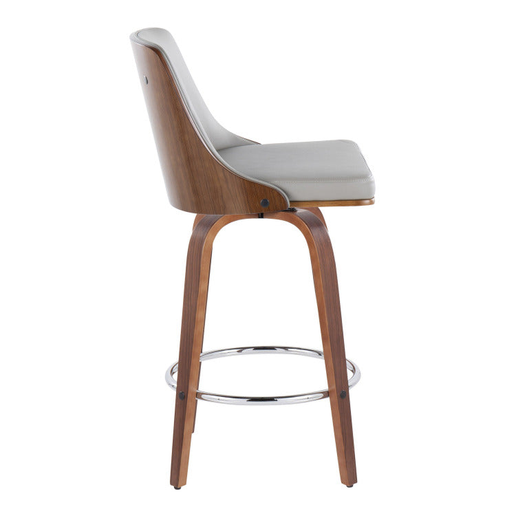 26" Mid Century Modern Fixed Height Counter Stool With Swivel In Walnut Wood And Light Grey Faux Leather With Round Chrome Metal Footrest Set Of 2