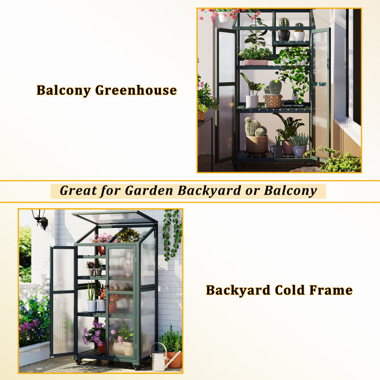 62Inch Height Wood Large Greenhouse Balcony Portable Cold Frame With Wheels And Adjustable Shelves For Outdoor Indoor Use, Forest Green