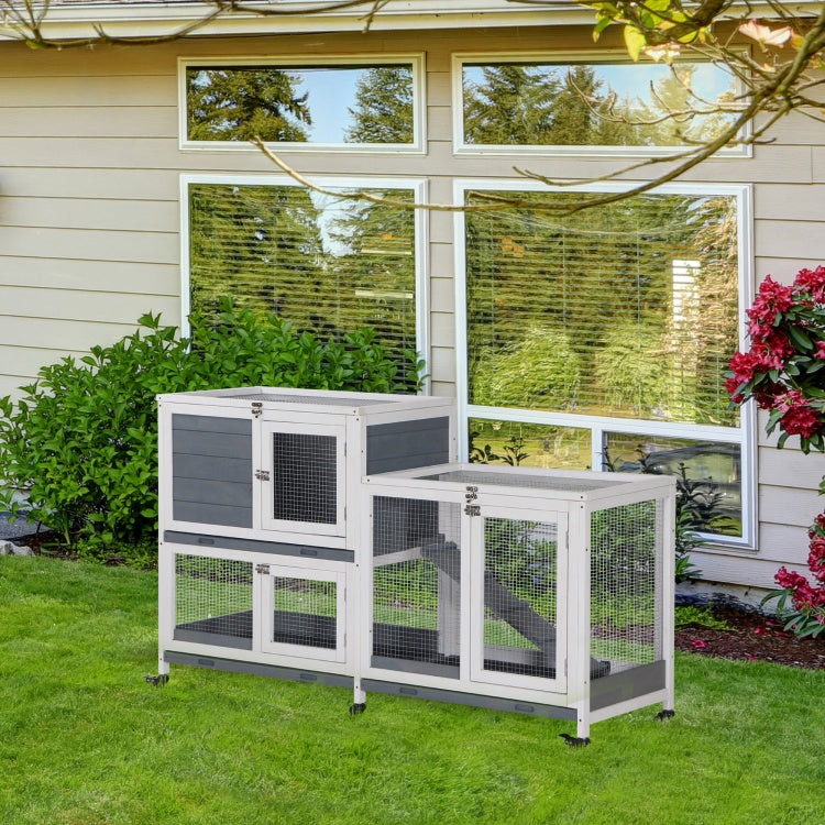 Pawhut Wooden Rabbit Hutch Bunny Hutch Elevated Pet House Cage Small Animal Habitat With No Leak Tray Lockable Door Openable Top For Indoor 57.75" X 18" X 32.5" Grey