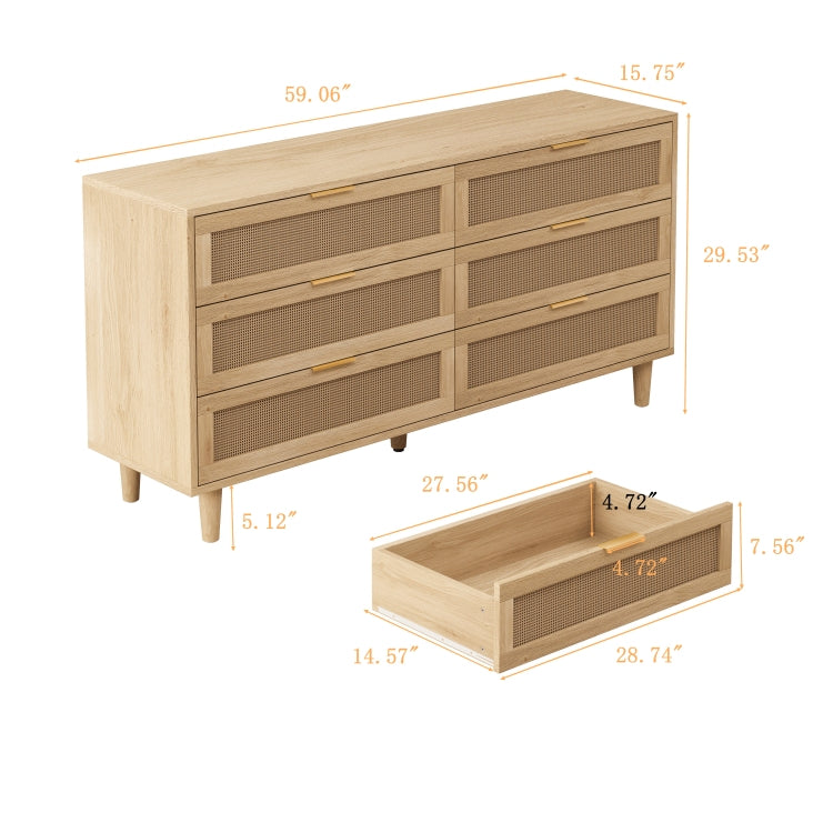 59.06"6 Drawers Rattan Storage Cabinet Rattan Drawer With White Drawer Slides,For Bedroom,Living Room,Natural