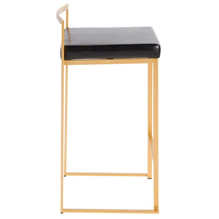 Contemporary Counter Stool In Gold With Black Faux Leather Set Of 2
