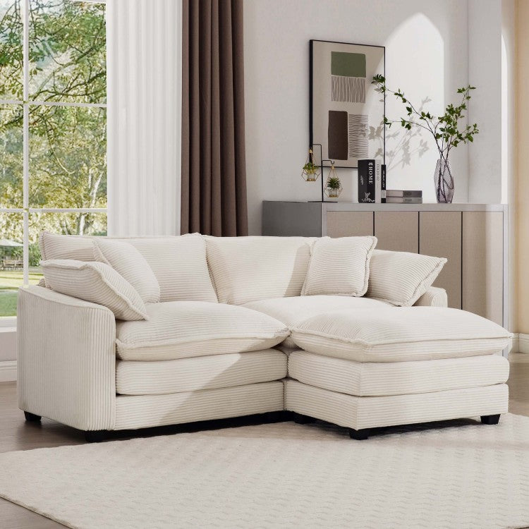 Corduroy Two Seater Sofa With 1 Footrest, L Shaped 2 Seater Sofa With Ottoman For Small Living Spaces, Light Beige Corduroy Sofa