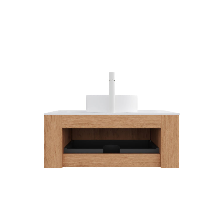 Dina 36" Bathroom Vanity&Sink, Floating Curved Edges Striped Bathroom Storage Cabinet With Drawer, White Round Ceramic Basin&Carrara White Artificial Marble Top, Pre Assembled, Natural Woodgrain