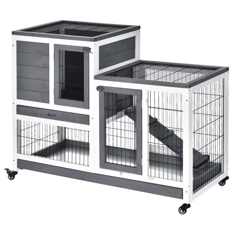 Pawhut Wooden Rabbit Hutch Elevated Bunny Cage Indoor Small Animal Habitat With Enclosed Run With Wheels, Ramp, Removable Tray Ideal For Guinea Pigs, Grey