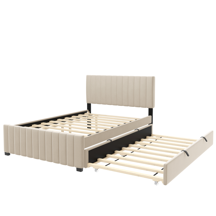 Full Size Velvet Upholstered Platform Bed With Twin Size Trundle, Beige
