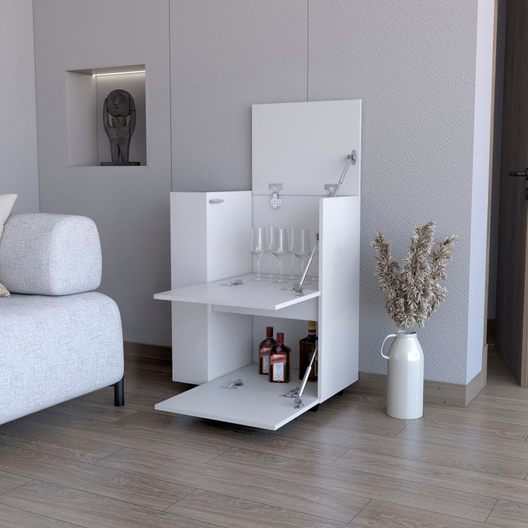 Logan Bar Cart With Two Cabinets And Open Shelves, White