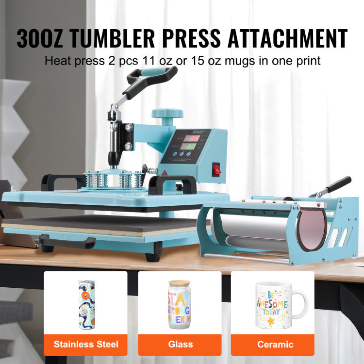 Heat Press Machine 12X15 In 5 In 1 With 30Oz Tumbler Press T Shirts Mint Green