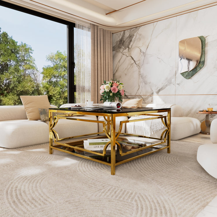 Square Glass Coffee Table In 33.5",Luxurious Geometric Metal Frame,Gold Finish & Lower Shelf