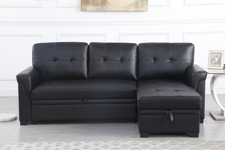 Jardin 84"W Black Vegan Leather Modern Reversible Sleeper Sectional Sofa With Storage Chaise