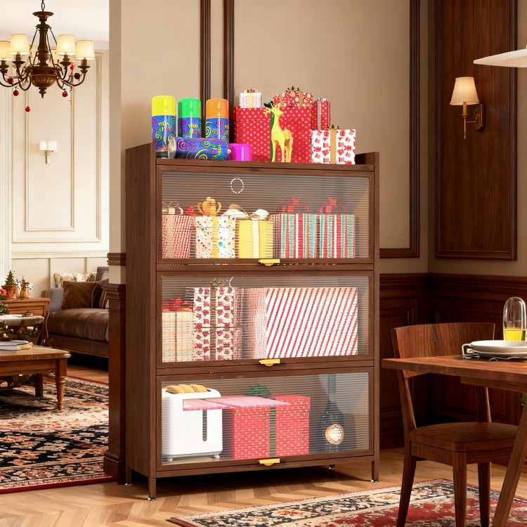 44'' Tall Metal 3 Flip Doors Cabinet, With Ample Storage Space For Bedroom, Office, Living Room, Hallway, Entryway Walnut