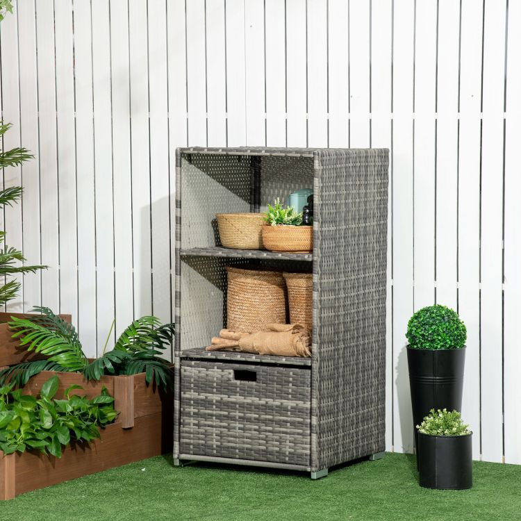 Outsunny Valet Pool Towel Rack, Waterproof Pe Plastic Rattan Wicker Storage Organizer, Indoor Outdoor Spa, And Hot Tub Accessory Storage, 2 Shelves, 1 Basket Drawer, Gray