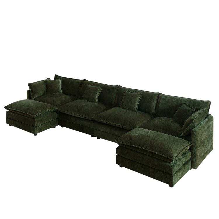 Comfort U Shaped Couch With Reversible Chaise, Modular Large U Shape Sectional Sofa, Double Extra Ottomans,Green Chenille