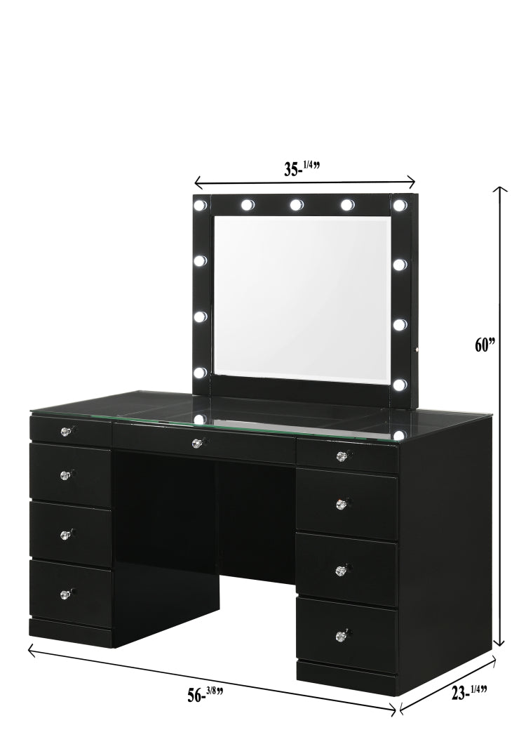 1Pc Glam Makeup Vanity Table Glass Top 9 Drawers Knobs Black Wooden Bedroom Furniture