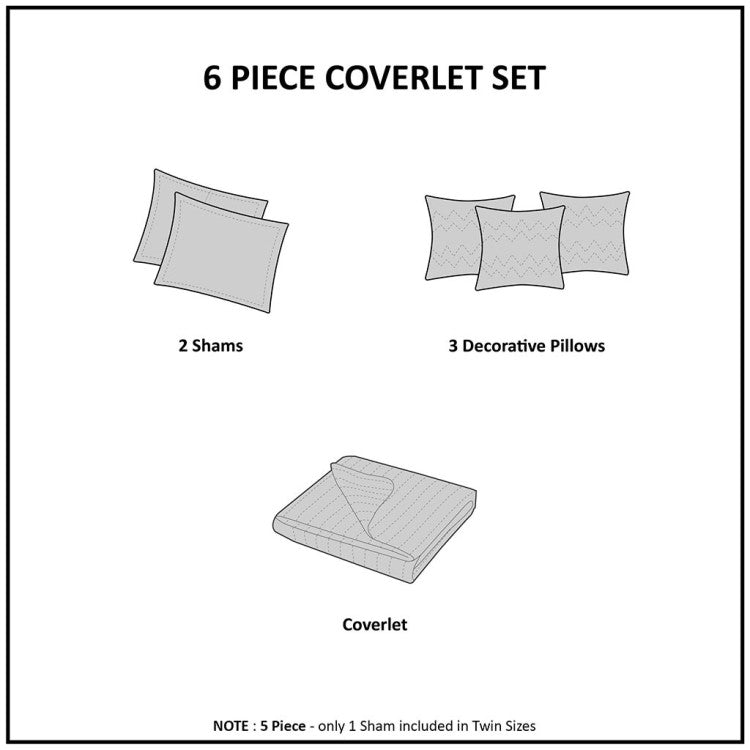 6 Piece Reversible Jacquard Quilt Set With Throw Pillows Grey Taupe Full Queen