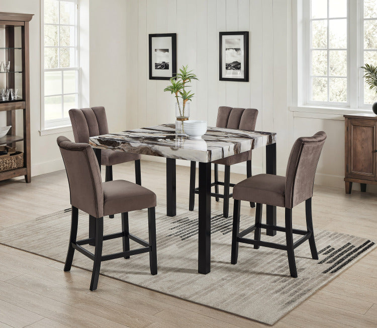 1Pc Counter Height Dining Table Square Striking Faux Marble Top Sleek Black Finished Legs Bold Contrast Wooden Dining Room Furniture Contemporary Modern White Brown