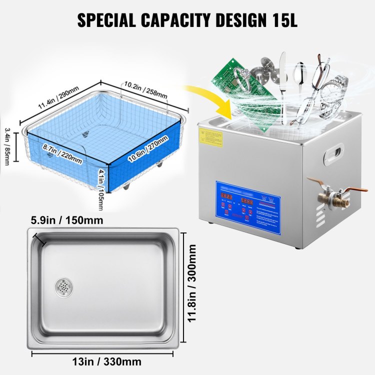 15L Ultrasonic Cleaner With Digital Timer&Heater Professional Ultrasonic Cleaner 40Khz Advanced Ultrasonic Cleaner 110V For Wrench Screwdriver Repairing Tools Industrial Parts Mental Cleaning