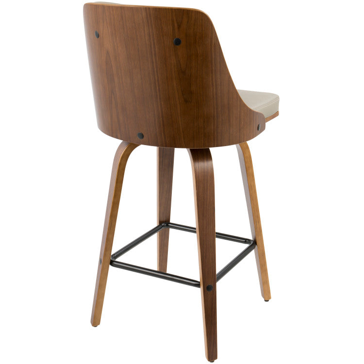 26" Mid Century Modern Counter Stool In Walnut With Light Grey Faux Leather Set Of 2